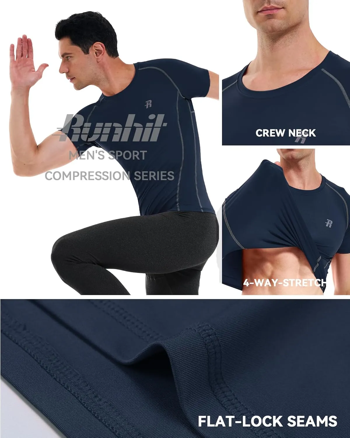 Runhit Short Sleeve Compression Shirts for Men, Quick Dry Cool Men's Compression T-Shirt, Athletic Workout Base Layer