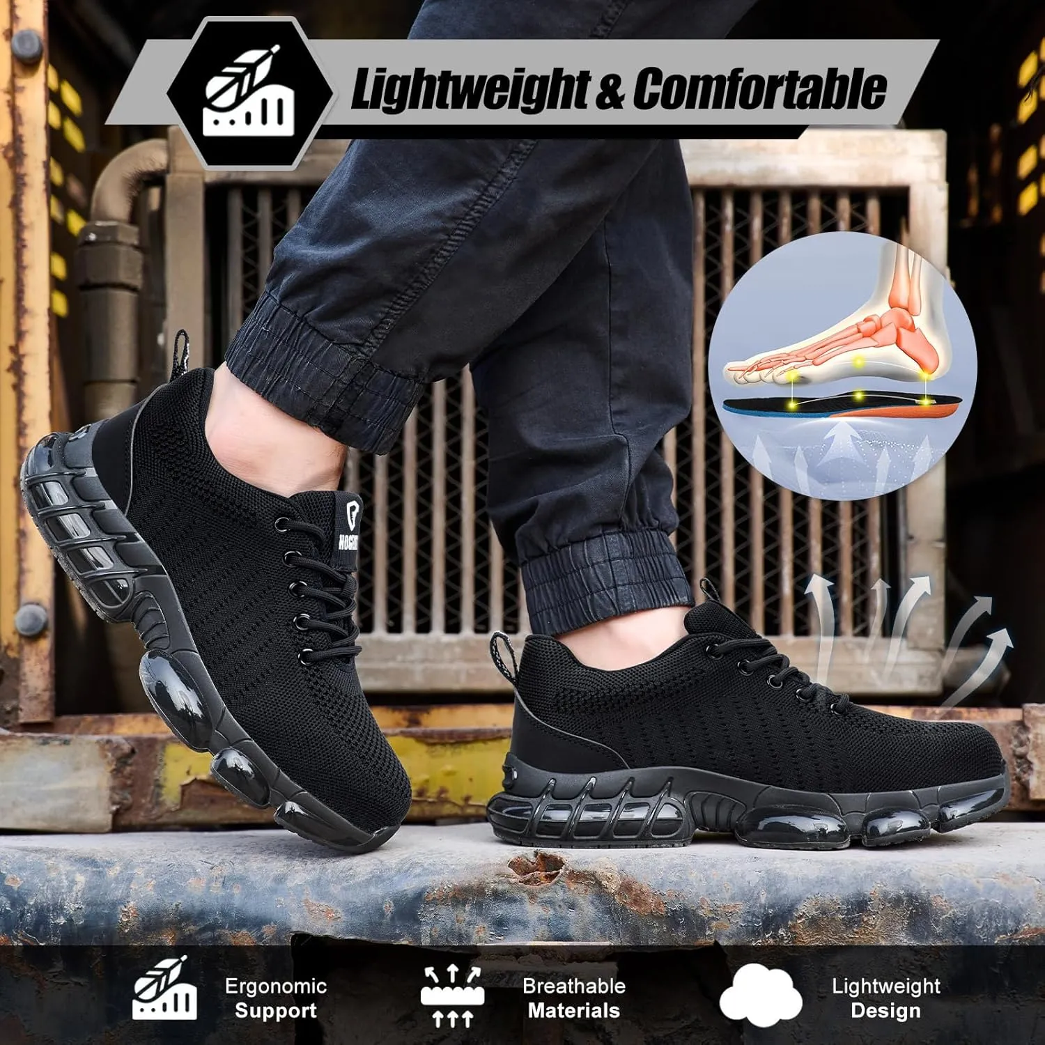 Steel Toe Shoes for Men Women Composite Toe Work Sneakers Indestructible Safety Tennis Shoes Lightweight Breathable Construction Sneakers Puncture Proof Air Cushion Ergonomic Design