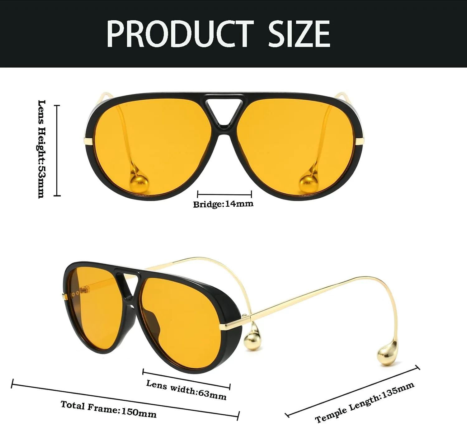YAMEIZE Oversized Pilot Sunglasses for Women Men Retro 70s Double Bridge With Earring Round Shield Big Sun Glasses UV400