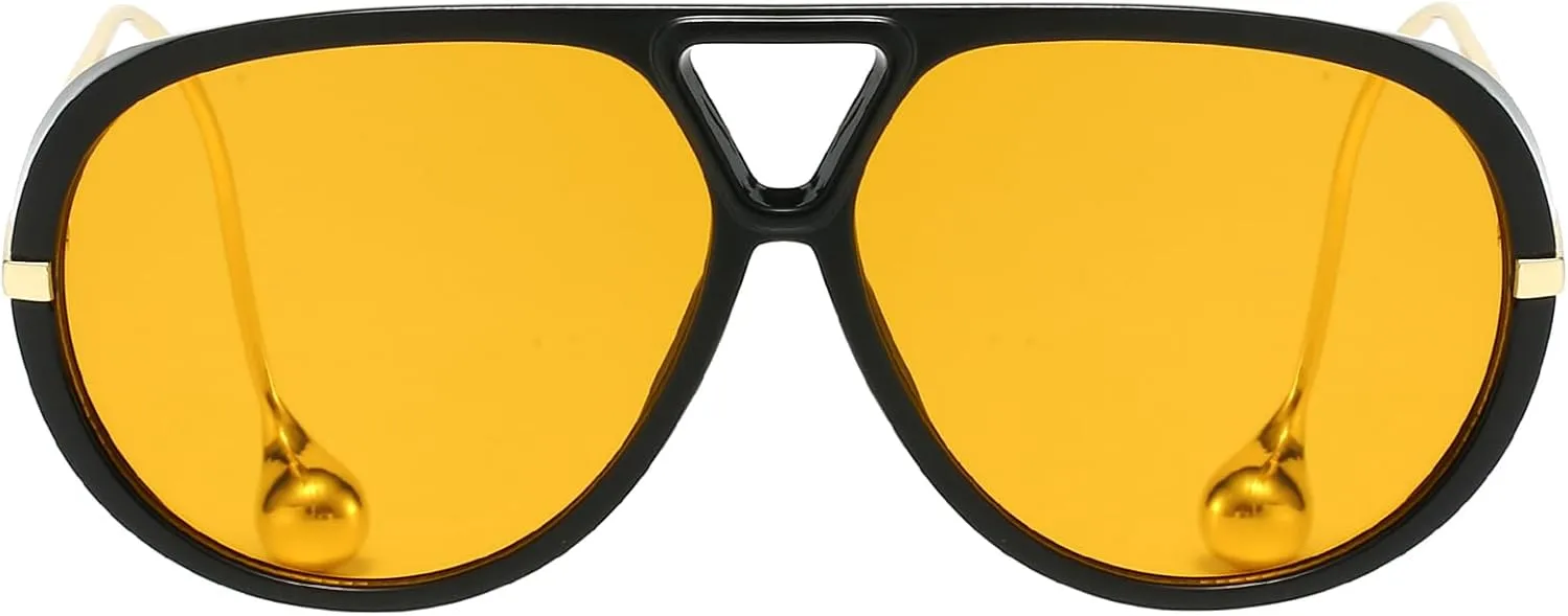 YAMEIZE Oversized Pilot Sunglasses for Women Men Retro 70s Double Bridge With Earring Round Shield Big Sun Glasses UV400