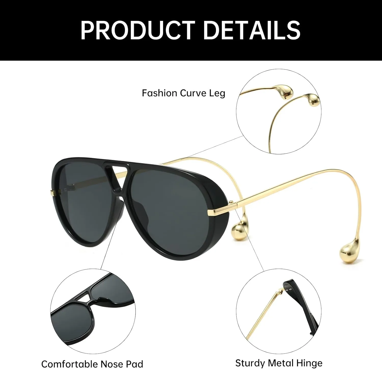 YAMEIZE Oversized Pilot Sunglasses for Women Men Retro 70s Double Bridge With Earring Round Shield Big Sun Glasses UV400