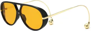 YAMEIZE Oversized Pilot Sunglasses for Women Men Retro 70s Double Bridge With Earring Round Shield Big Sun Glasses UV400